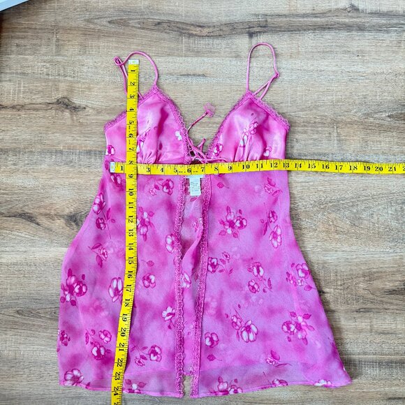Vintage La Senza Open Tie Front Baby Doll Slip Top Pink Floral Fairy S - Picture 3 of 5